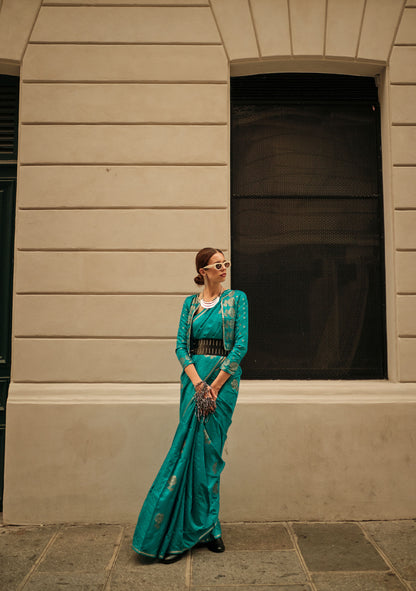 Teal Green Kronicle Pure Satin Zari Handloom Saree