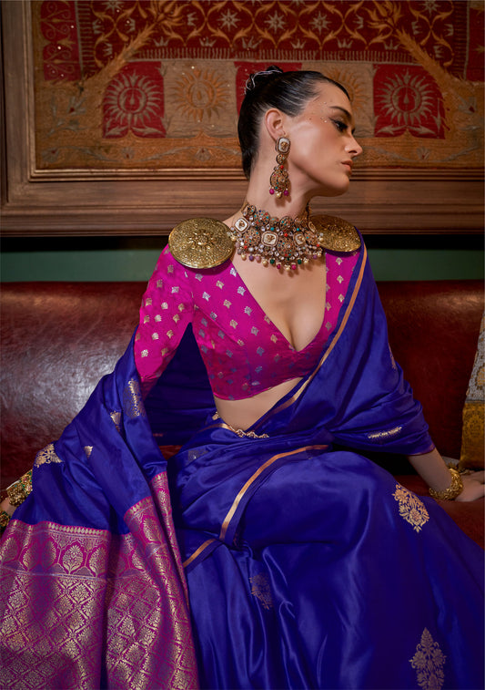 Blue Kanthkala Luxe Satin Handloom saree