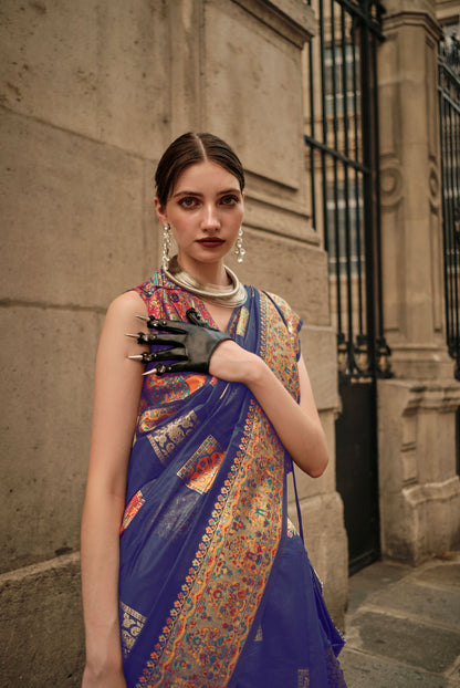 Navy Blue Khadija Kashmiri Handoom Silk Saree