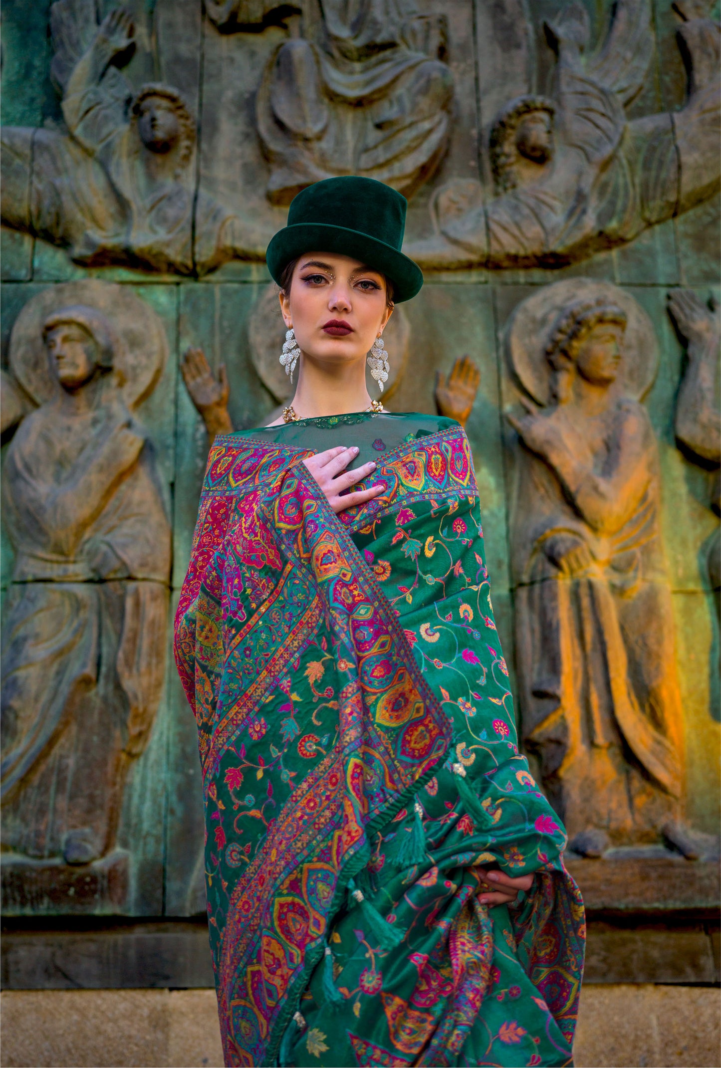 Forest Green Kashneer Organza Kashmiri Handloom Silk Saree