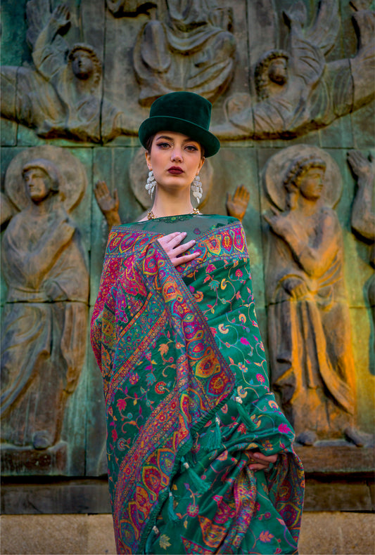 Forest Green Kashneer Organza Kashmiri Handloom Silk Saree