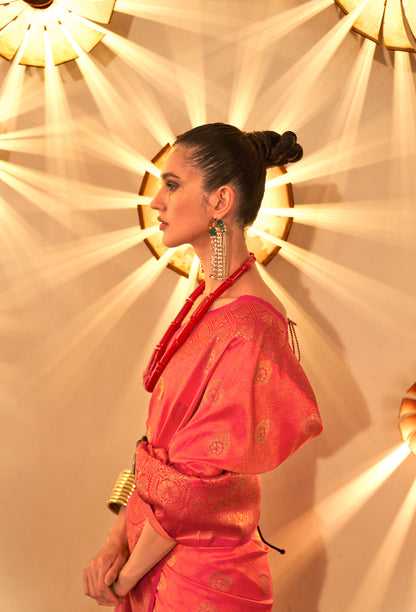 Coral Pink Kornella Chaap Handloom Silk Saree