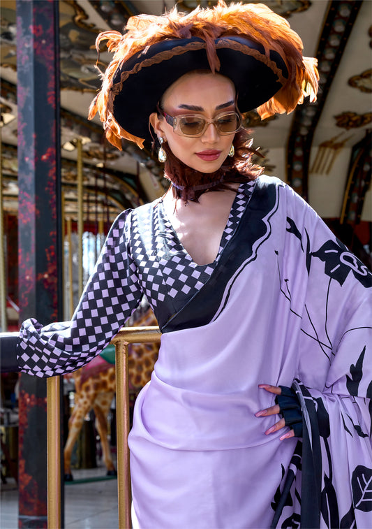 Light Lavender Kazule Contemporary Satin Crepe Saree