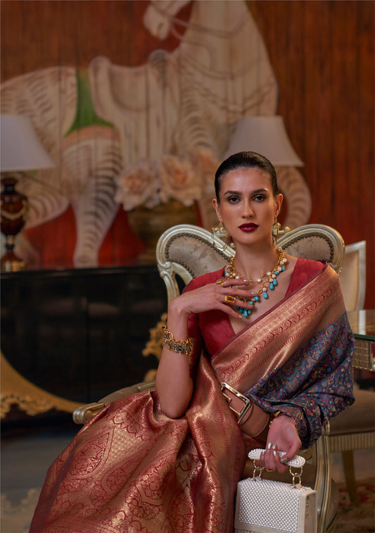 Navy Blue Kshahida Modal Handloom Kashmiri Chaap Saree