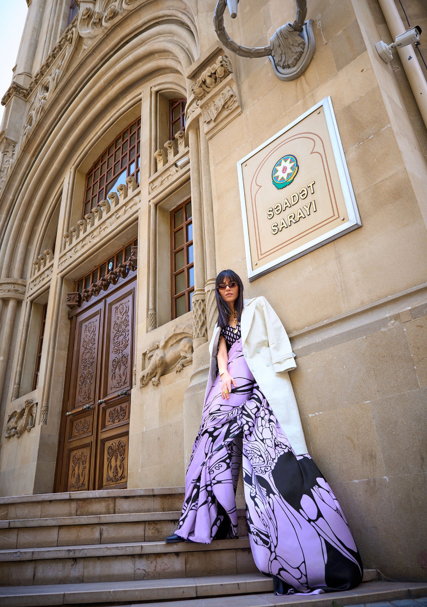 Orchid Purple Abstract Stripes Kubik Print Satin Saree