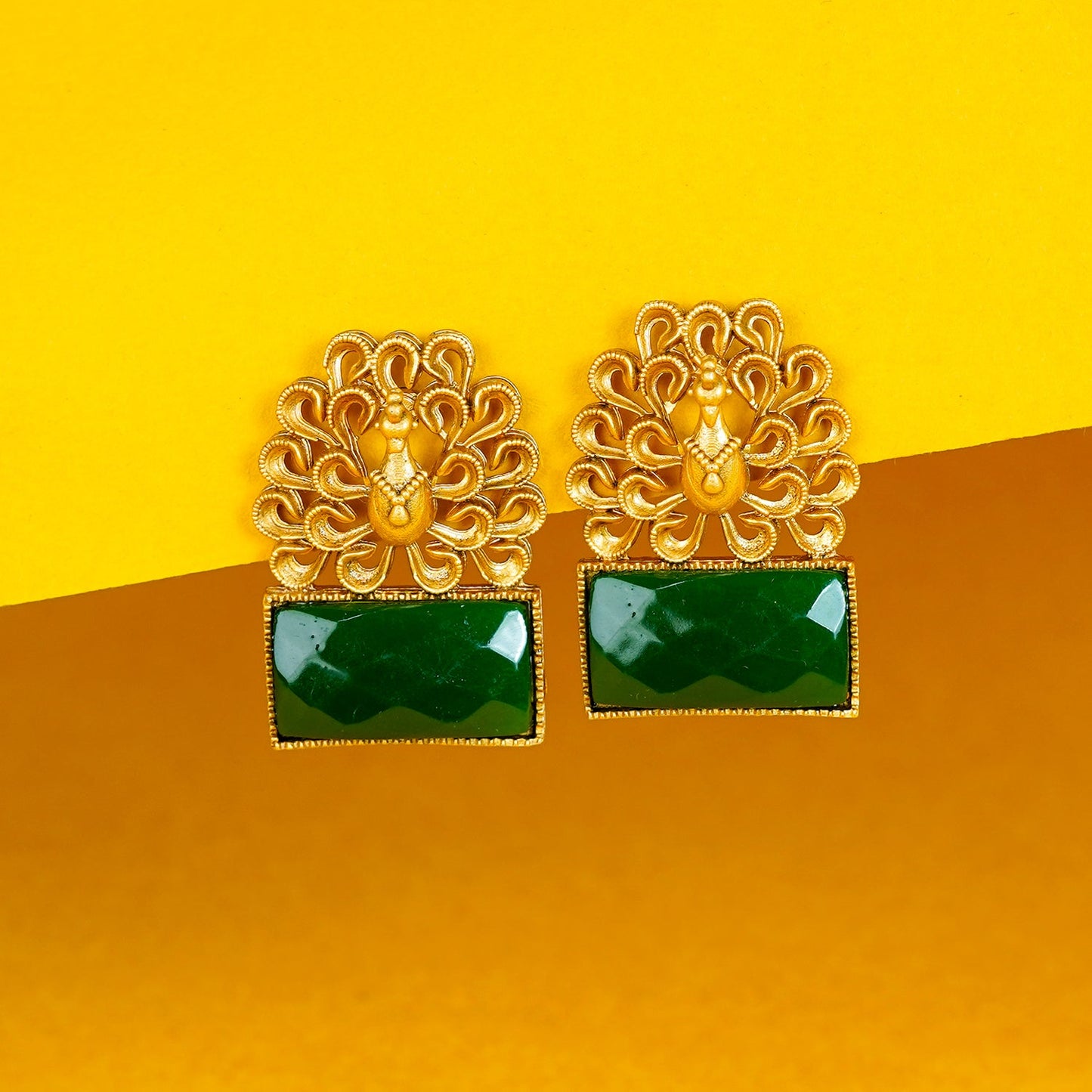 Zevar Club Brass Gold-Toned Statement Peacock Motif Earrings with Emerald Red Rectangular Stones