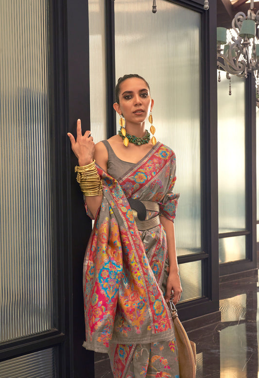 Brown Kabira Kashmiri Modal Handloom Silk Saree