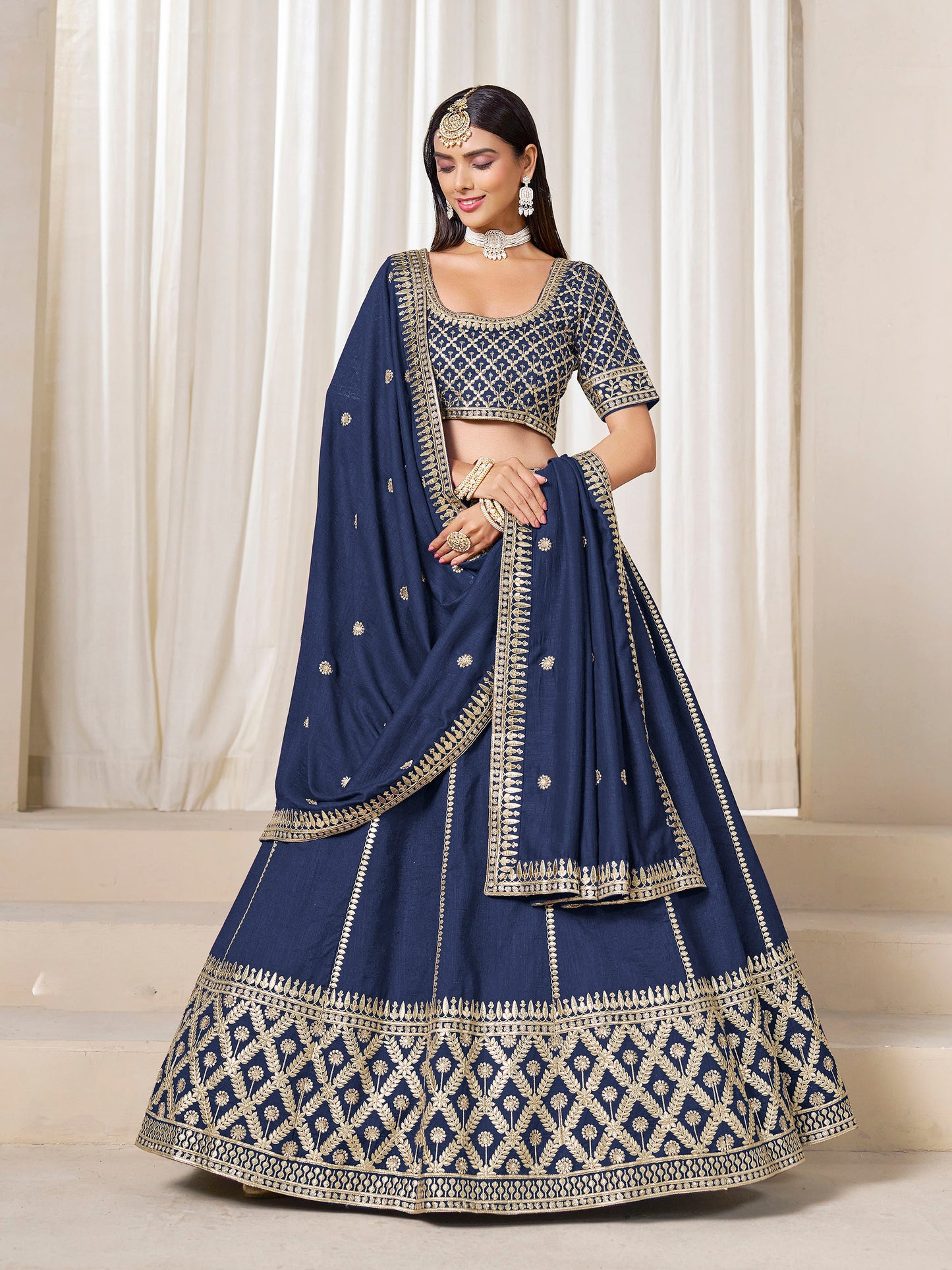 Navy Blue Heavy Sequins Embroidered Art Silk Lehenga for Wedding Guest