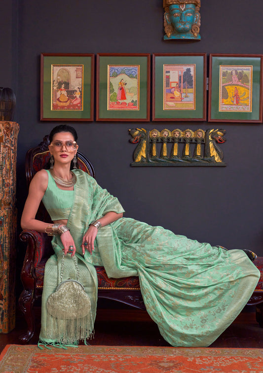 Mint Green Khabutai Pure katan Handloom Silk Saree