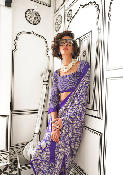 Violet Kajarkh Printed Ajrakh Satin Saree