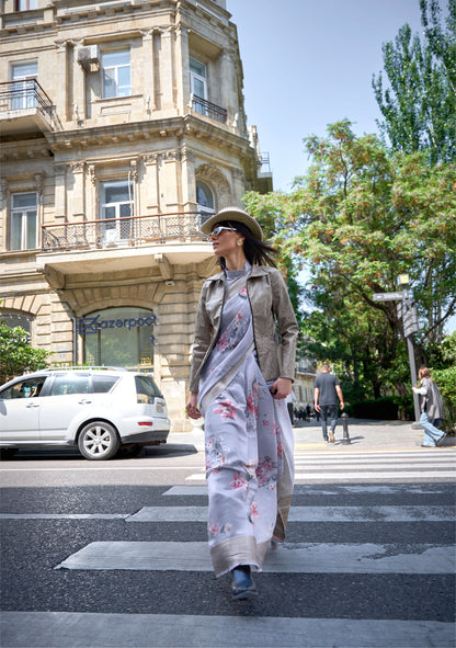 Grey Floral Klay Print Satin Organza Saree