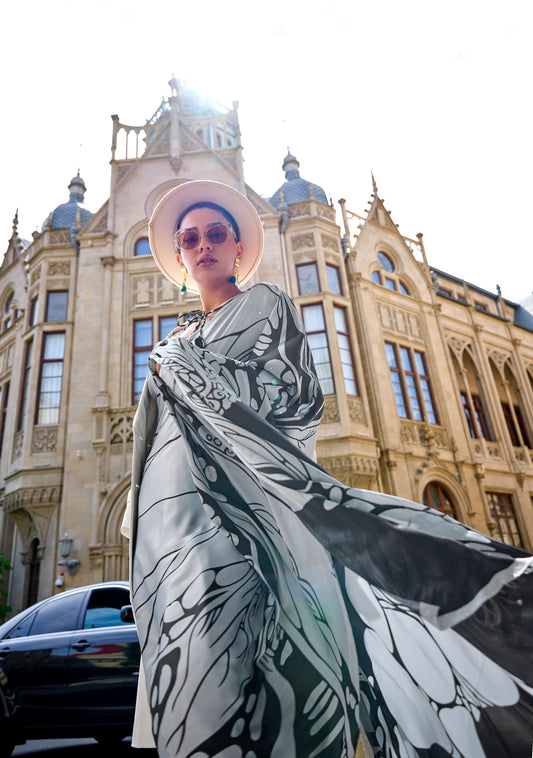 Off white and Black Art work Kubik Print Satin Saree