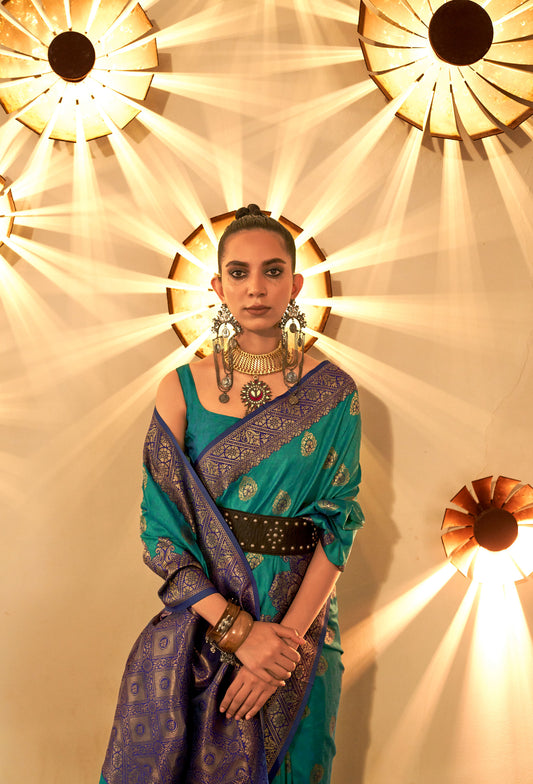 Teal Kornella Chaap Handloom Silk Saree