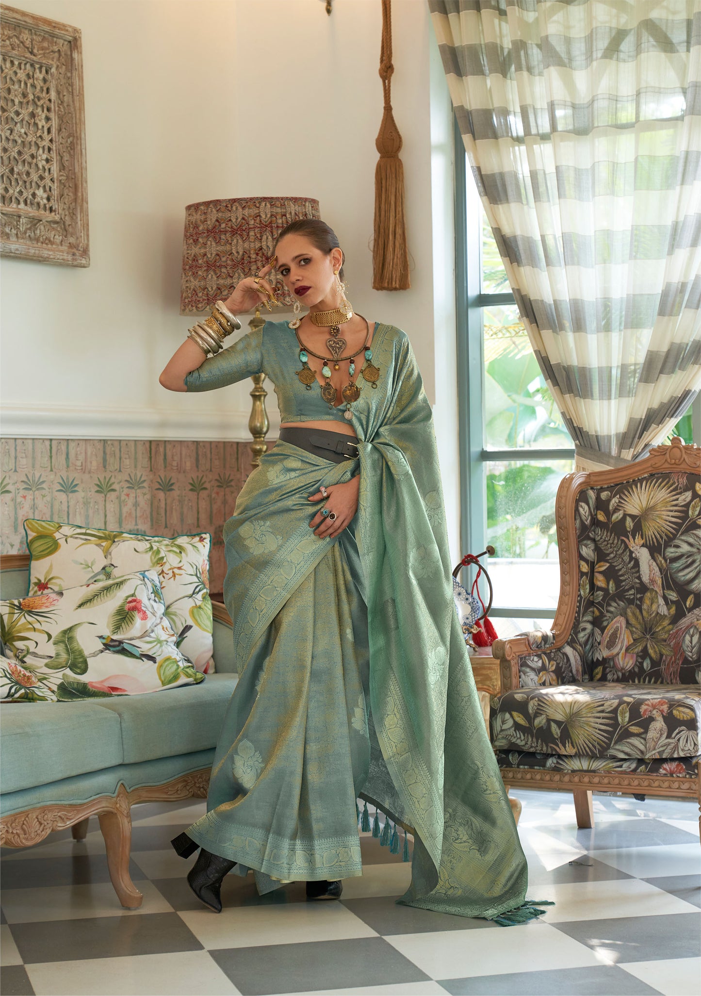 Sea Green Kalki Orchid Satin Tissue Handloom Saree