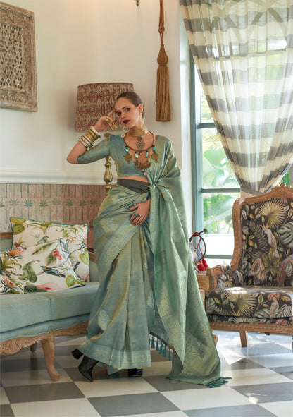 Sea Green Kalki Orchid Satin Tissue Handloom Saree