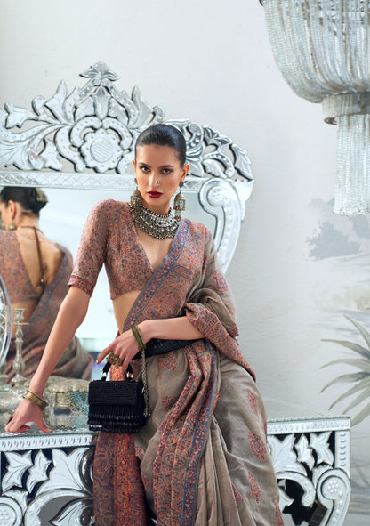 Beige Brown Kqaalib Kashmiri Handloom saree