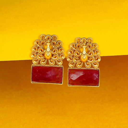 Zevar Club Brass Gold-Toned Statement Peacock Motif Earrings with Emerald Red Rectangular Stones