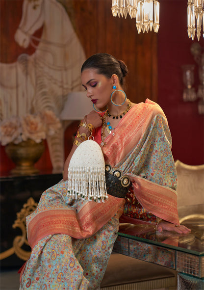 Mint Green Kshahida Modal Handloom Kashmiri Chaap Saree