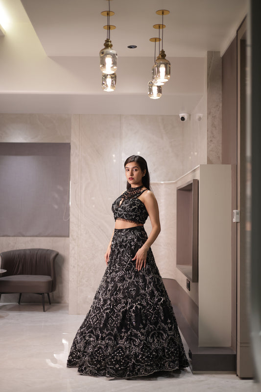 Midnight Scallop Black Net Lehenga & Blouse