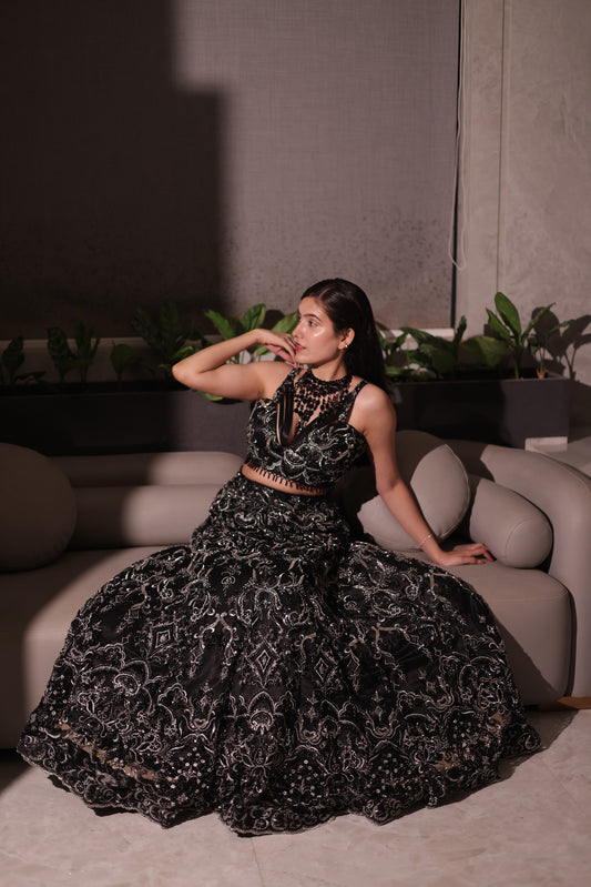 Midnight Scallop Black Net Lehenga & Blouse