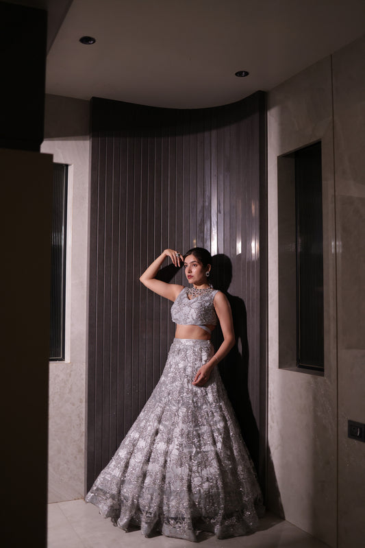 Starlit Silver Heavily Embellished Net Lehenga & Blouse