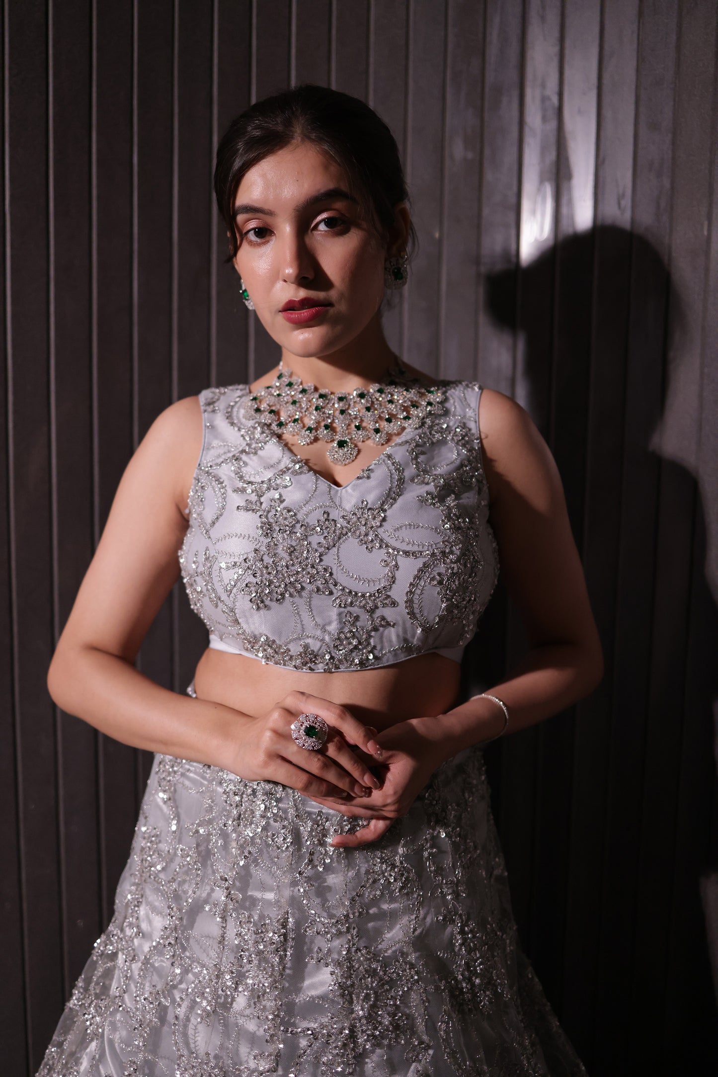 Starlit Silver Heavily Embellished Net Lehenga & Blouse