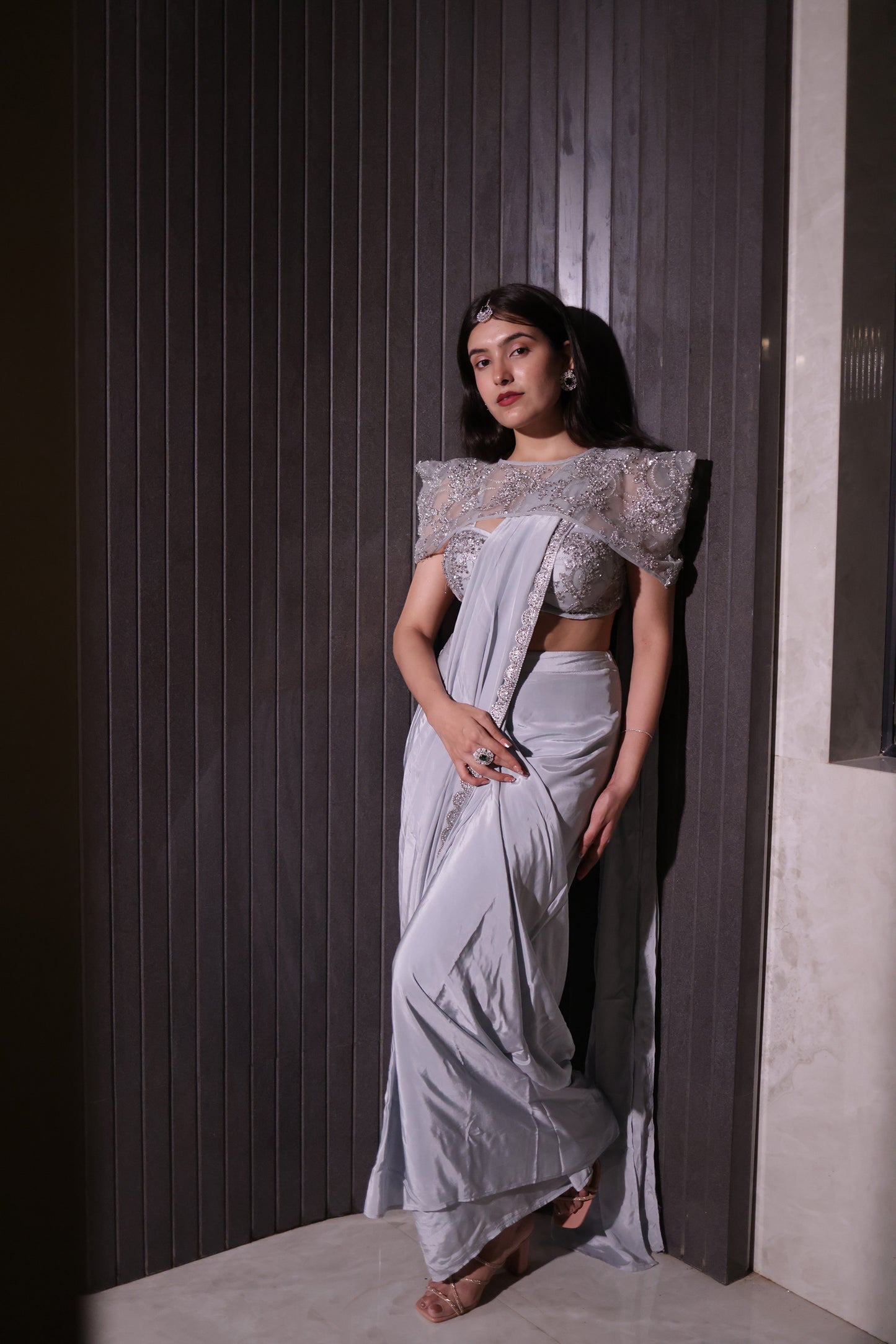 Glinting Grace Silver Saree with a Cape