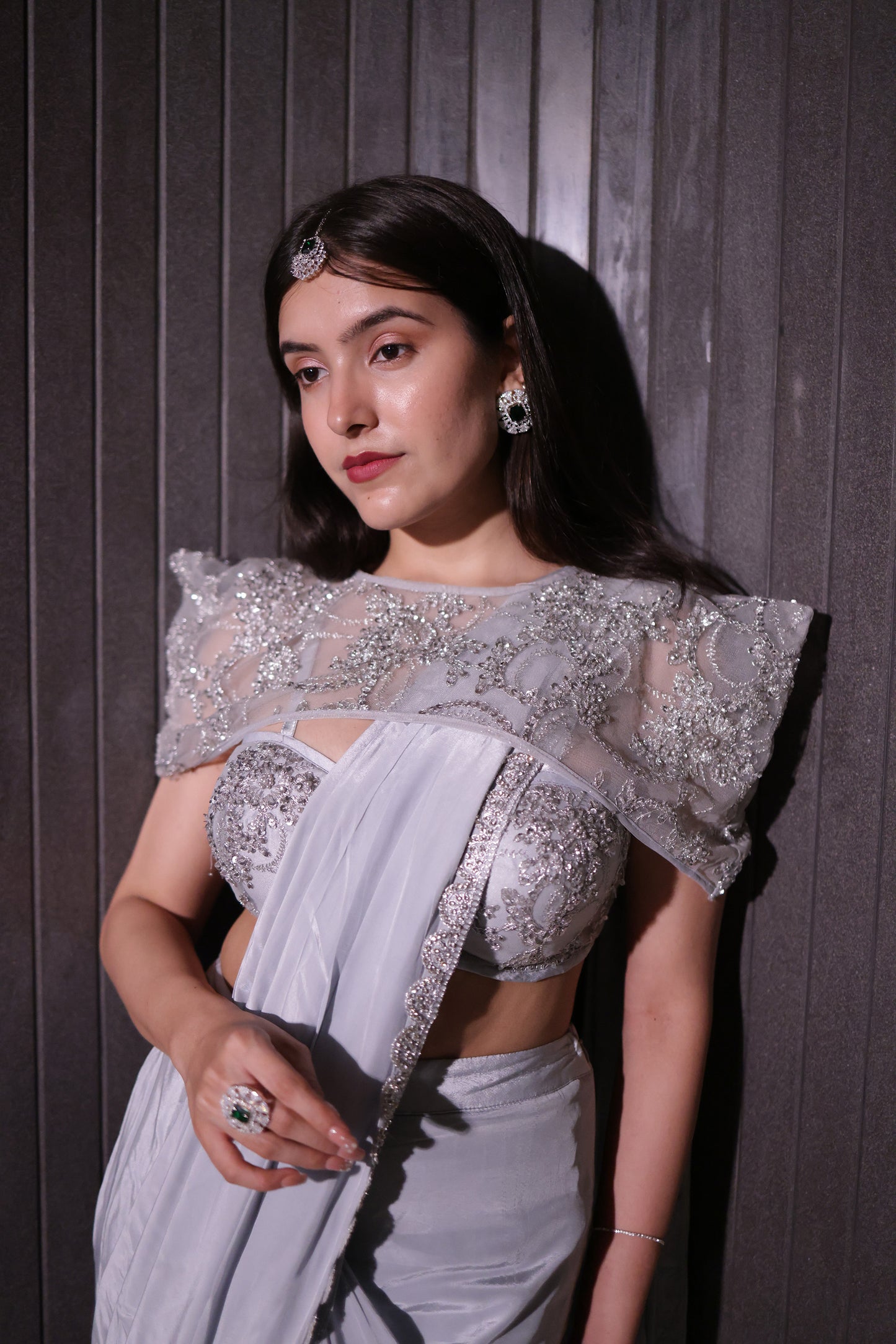 Glinting Grace Silver Saree with a Cape