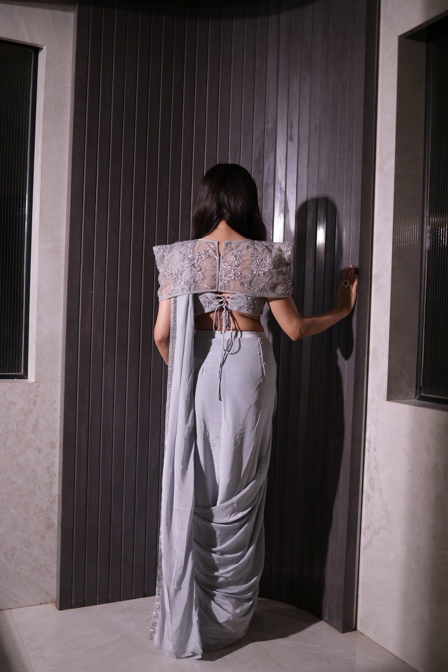 Glinting Grace Silver Saree with a Cape