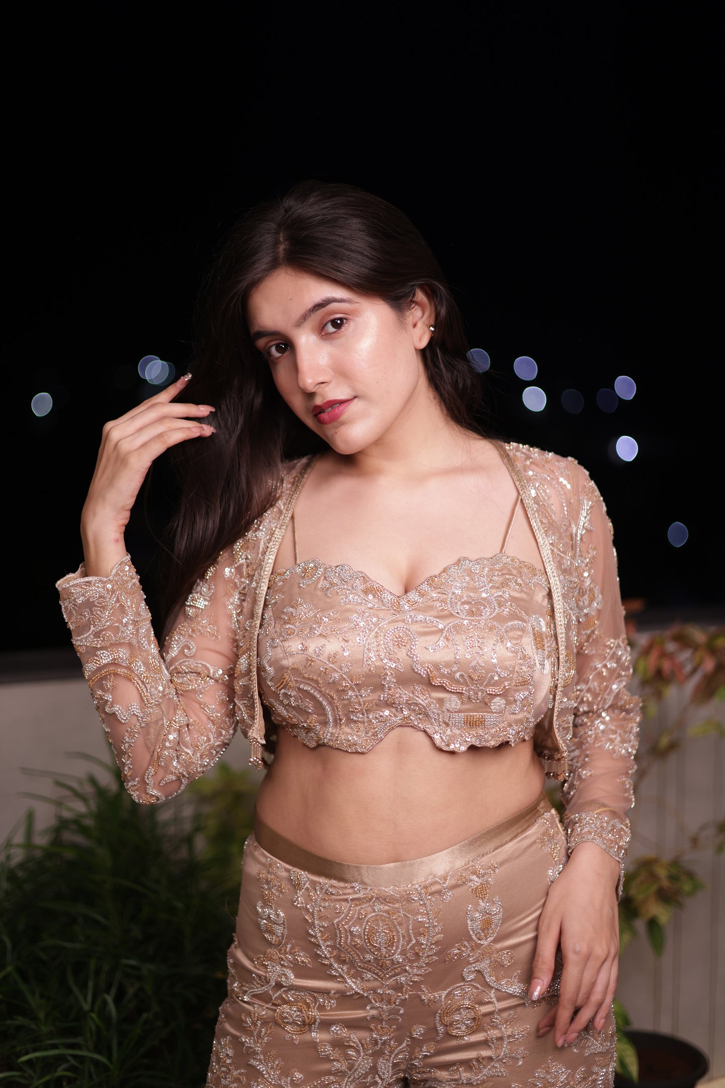 Golden Aura Embellished Net Bralet & Bottom with a Jacket