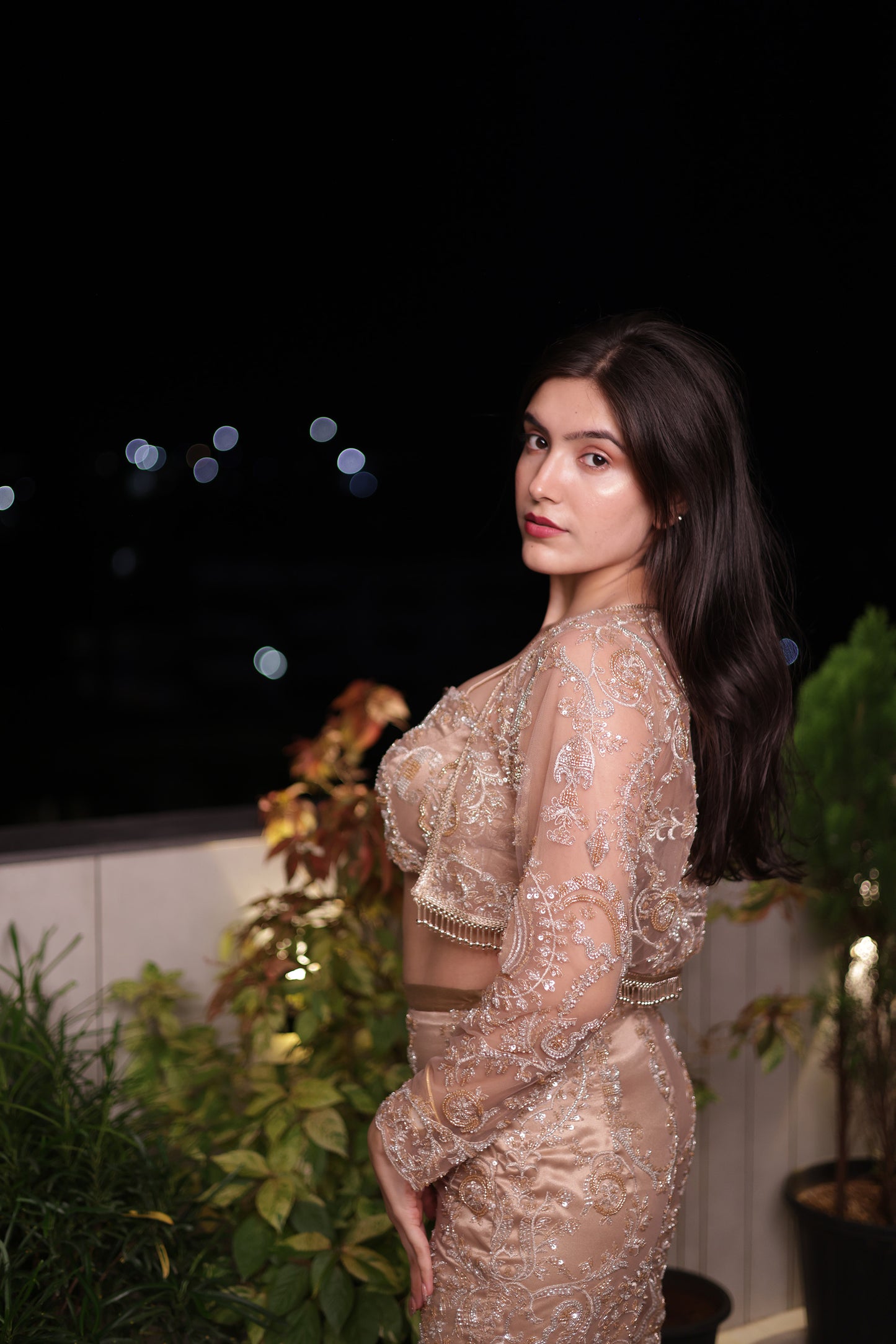 Golden Aura Embellished Net Bralet & Bottom with a Jacket