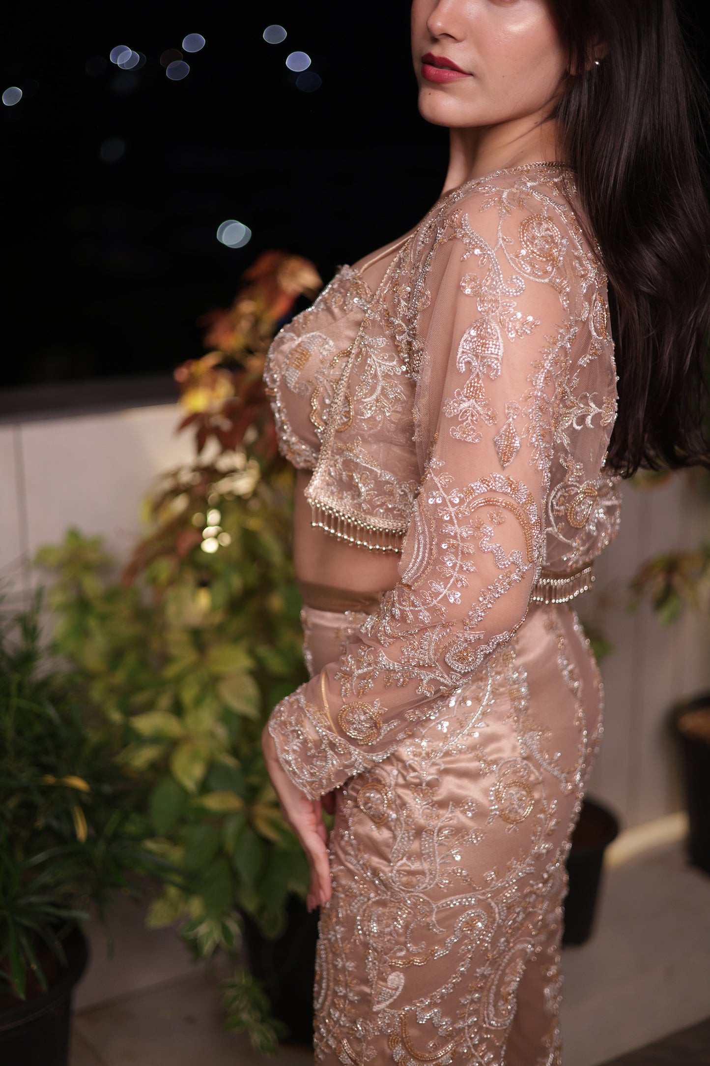 Golden Aura Embellished Net Bralet & Bottom with a Jacket