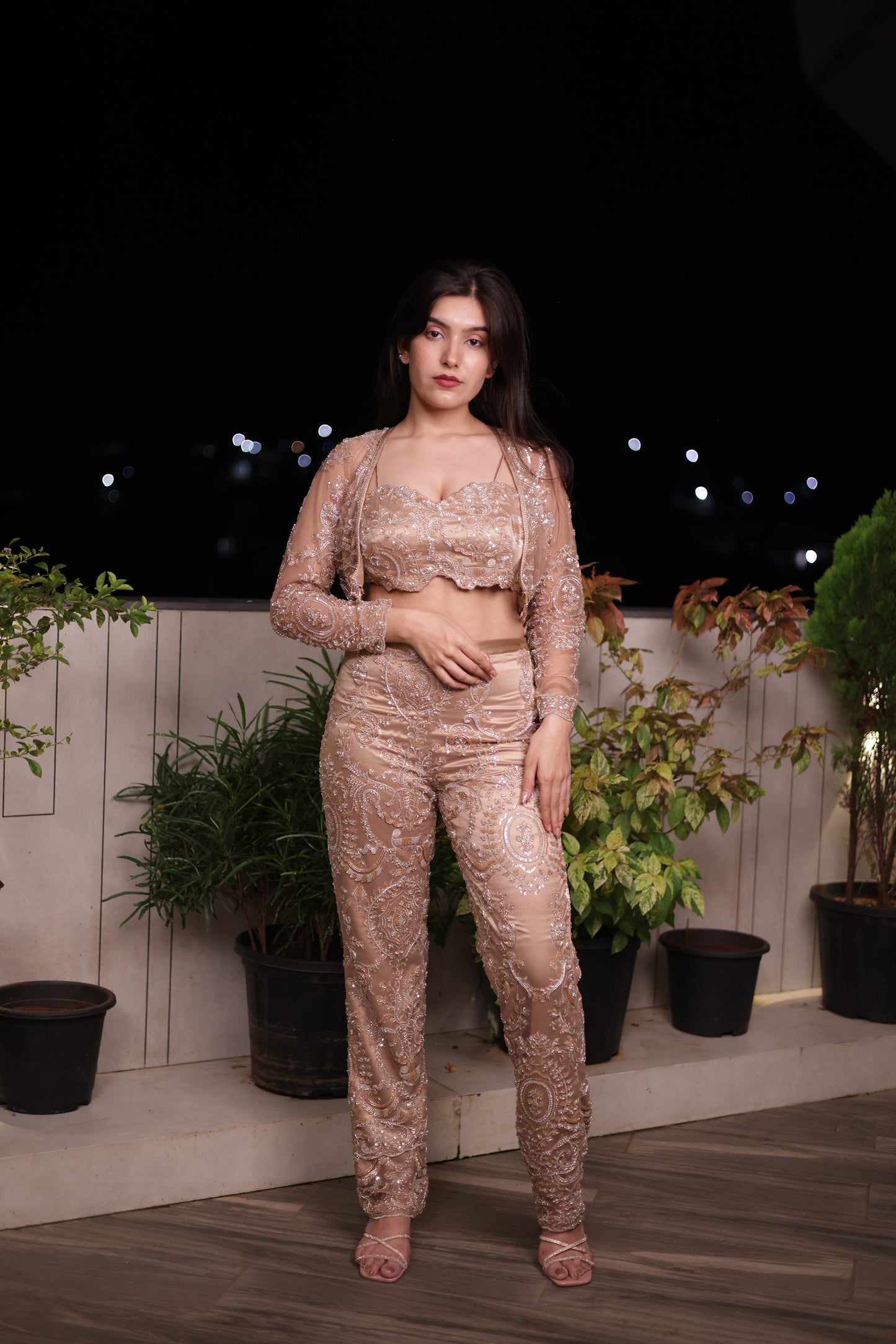 Golden Aura Embellished Net Bralet & Bottom with a Jacket