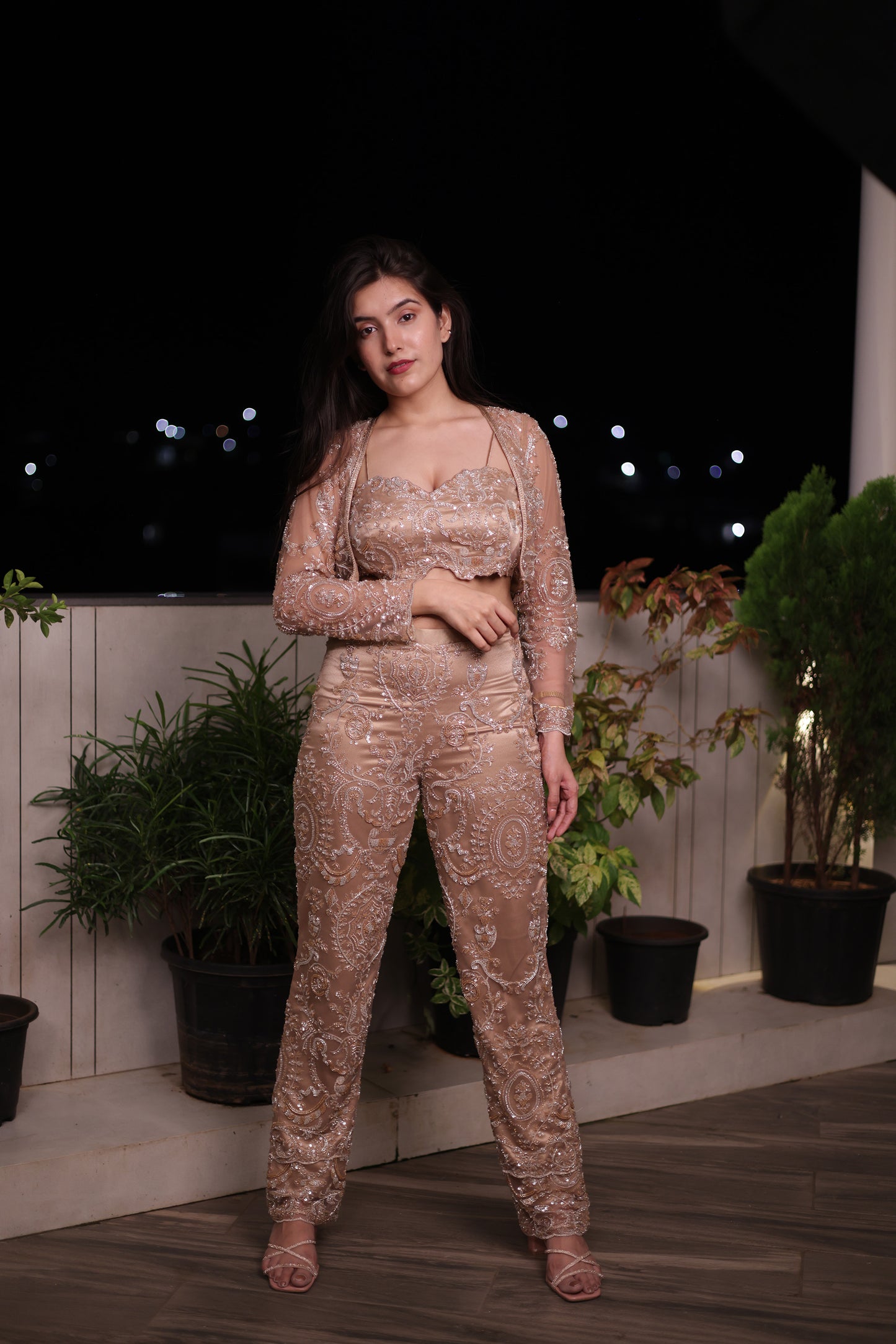 Golden Aura Embellished Net Bralet & Bottom with a Jacket