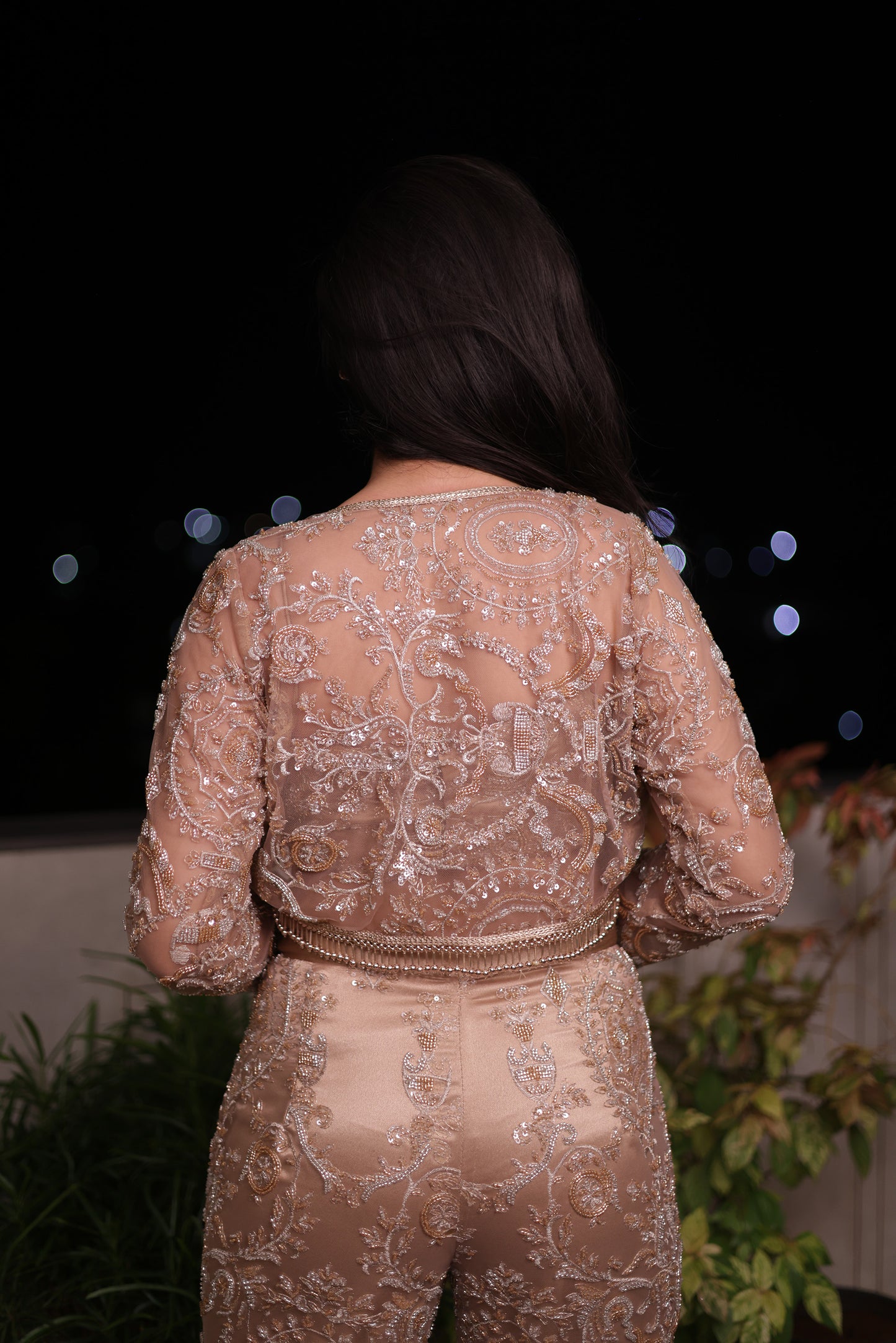 Golden Aura Embellished Net Bralet & Bottom with a Jacket