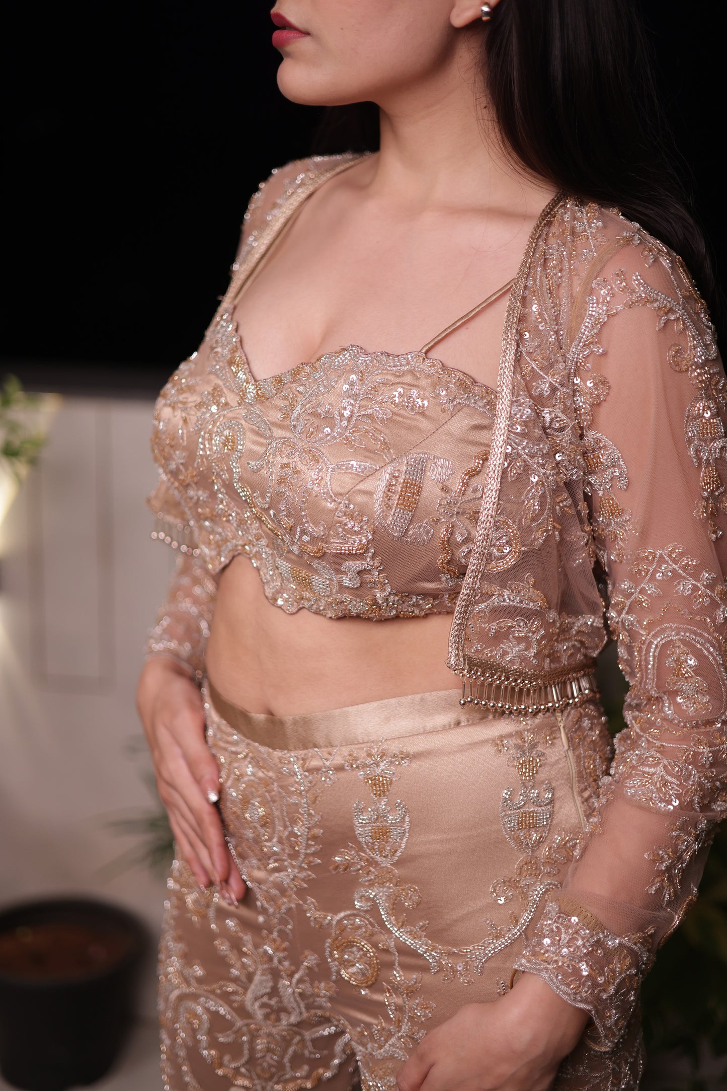 Golden Aura Embellished Net Bralet & Bottom with a Jacket