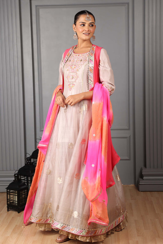 Hastkala Grey Organza Thread Embroidered Kalidar set