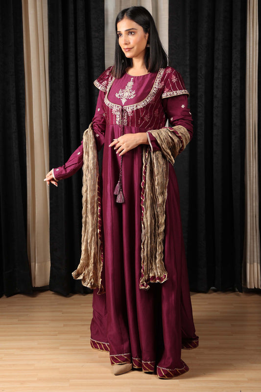 Indian Nomads Maroon Chanderi Silk Embroidered Engagement Anarkalis