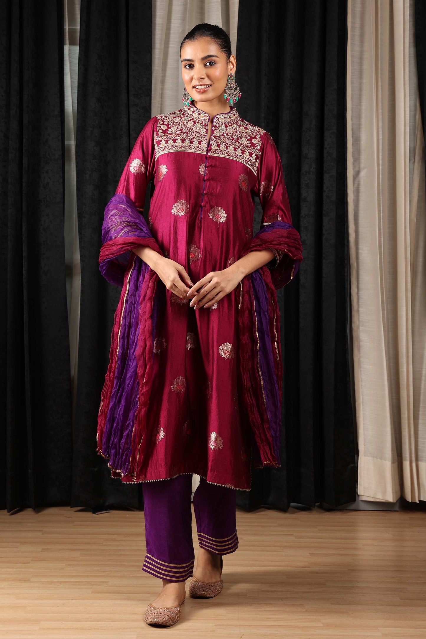 Indian Nomads HOS Maroon Varanasi Silk Embroidered Festive Kurta suit set