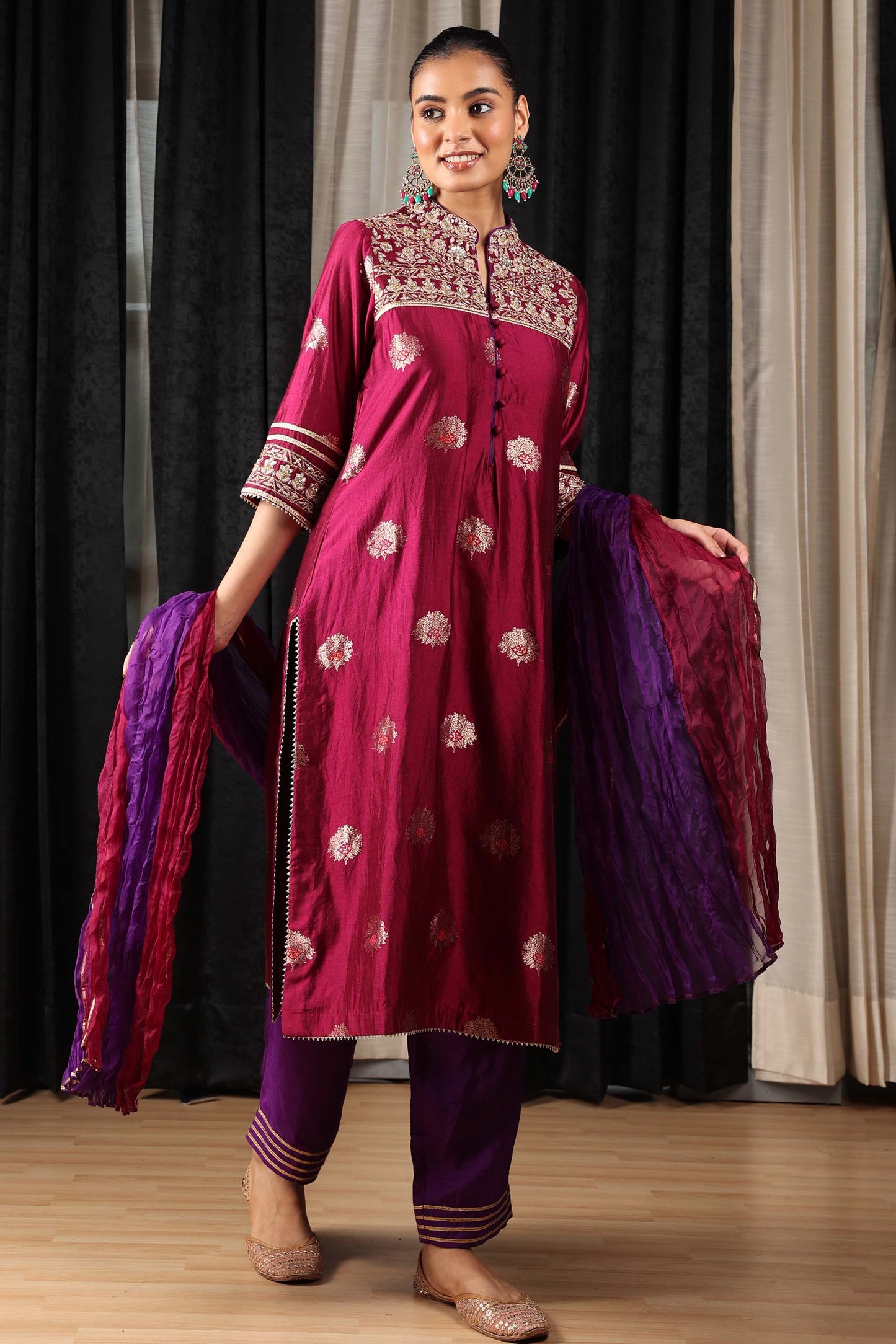 Indian Nomads HOS Maroon Varanasi Silk Embroidered Festive Kurta suit set