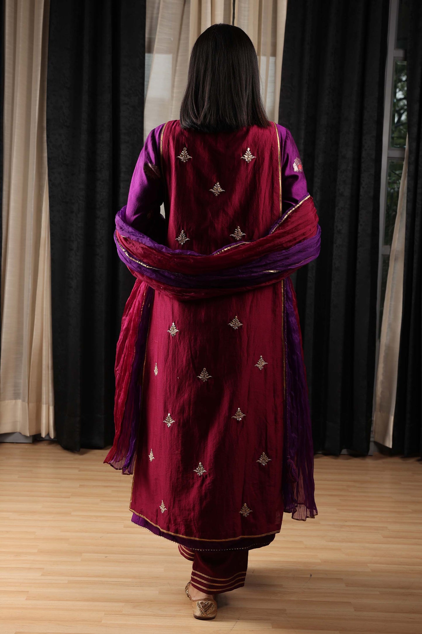 Indian Nomads HOS Purple Maroon Chanderi Silk Embroidered Festive Kurta set