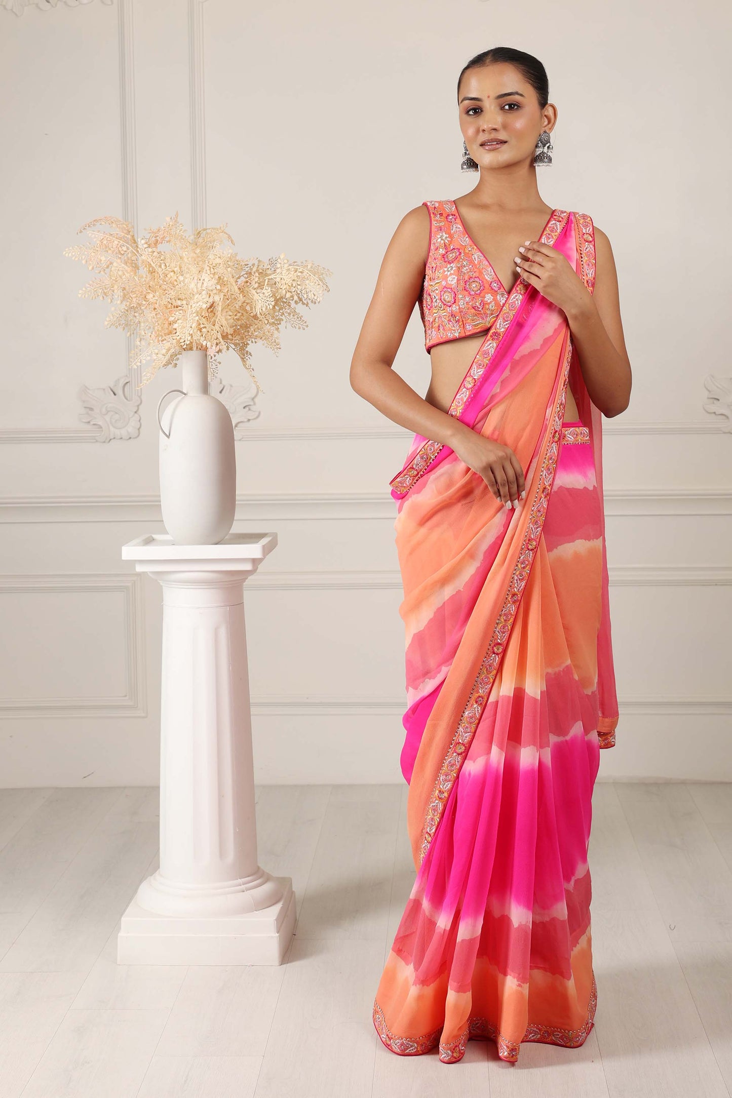 Hastkala Orange Georgette Thread Embroidered saree