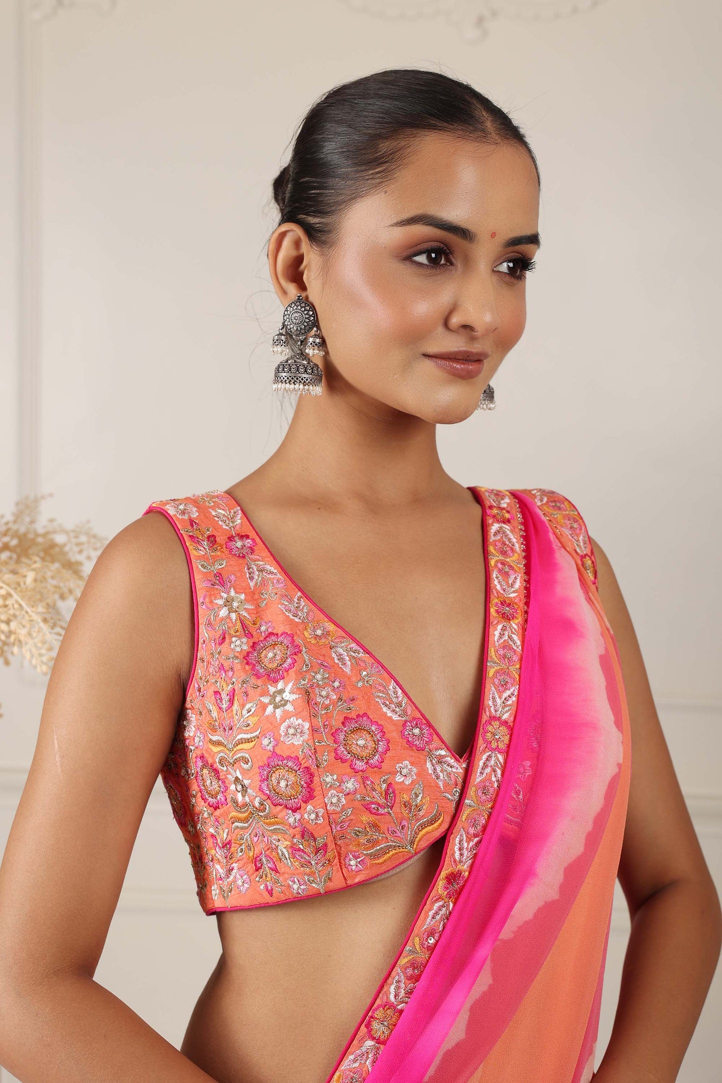 Hastkala Orange Georgette Thread Embroidered saree