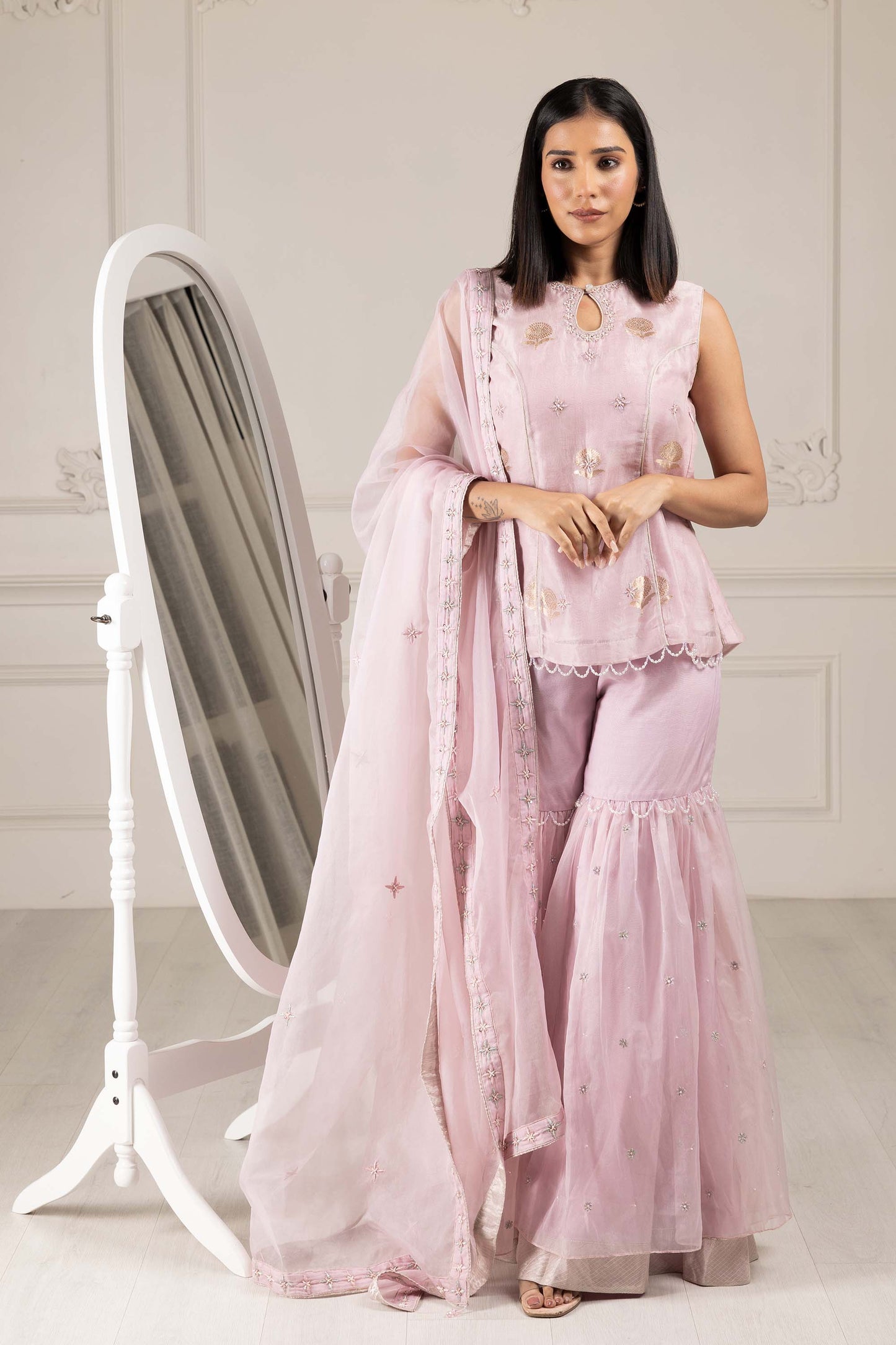Royalty Lilac Banaras Organza Thread & Pearl Sharara