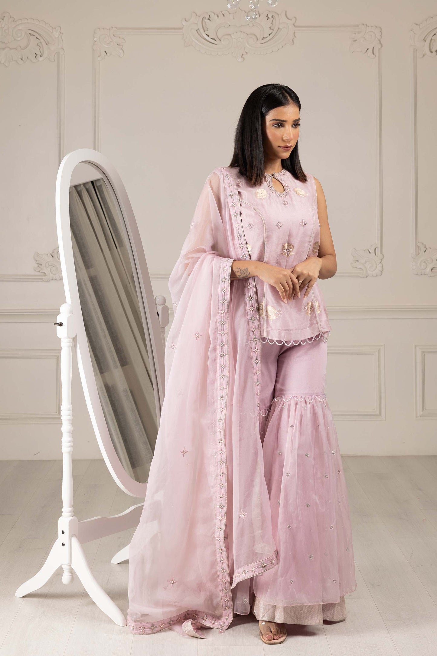 Royalty Lilac Banaras Organza Thread & Pearl Sharara