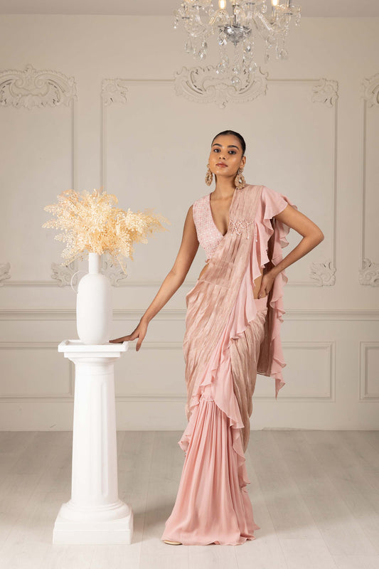 Royalty Peach Georgette Thread & Pearl Cocktail Drape Saree