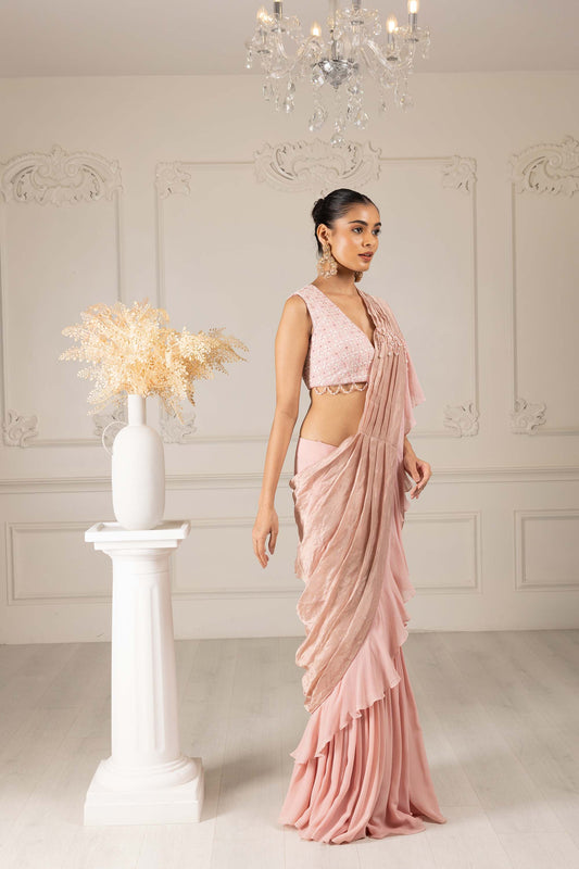 Royalty Peach Georgette Thread & Pearl Cocktail Drape Saree