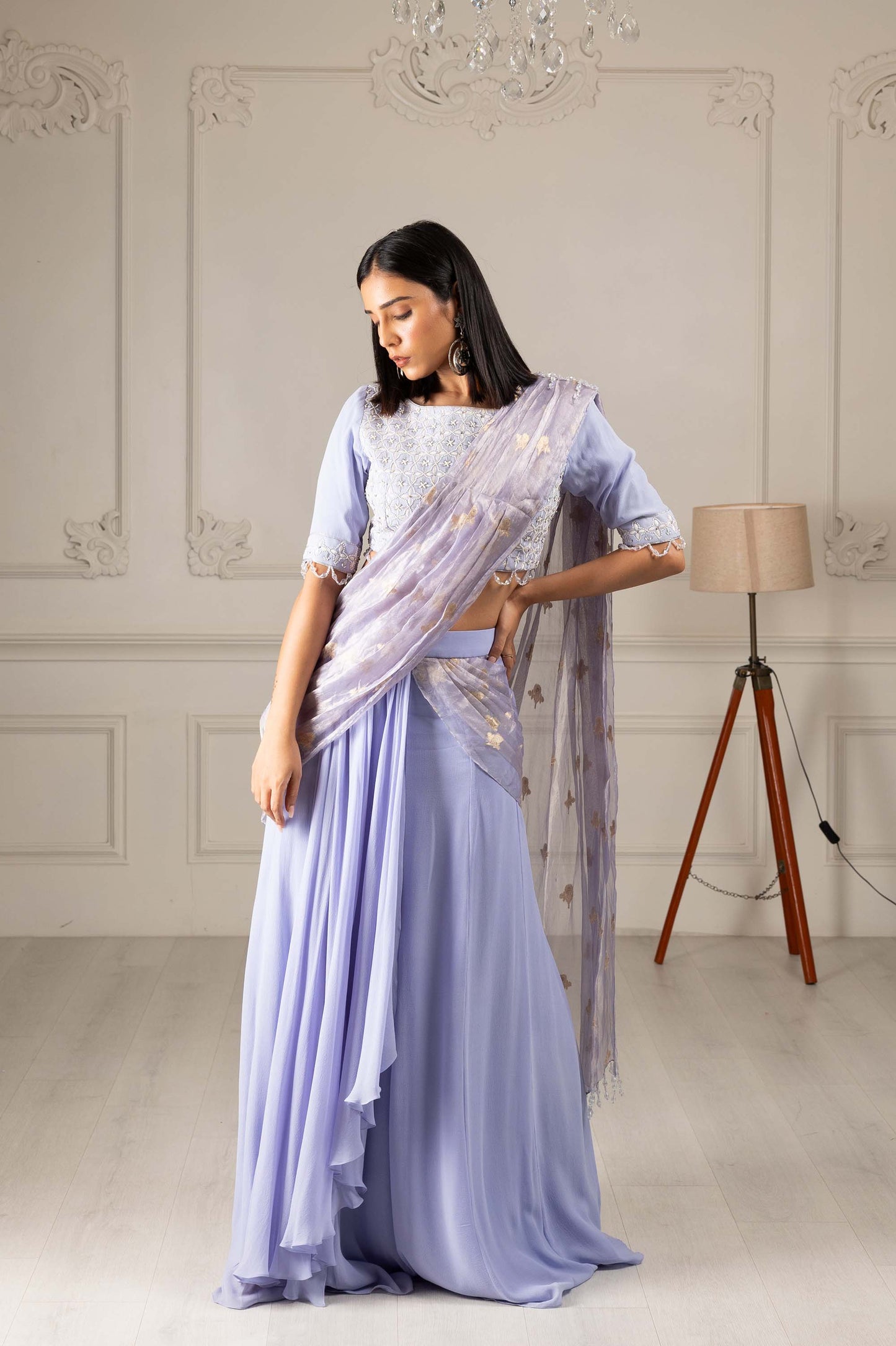 Royalty Sky Blue Georgette Thread & Pearl Drape Saree