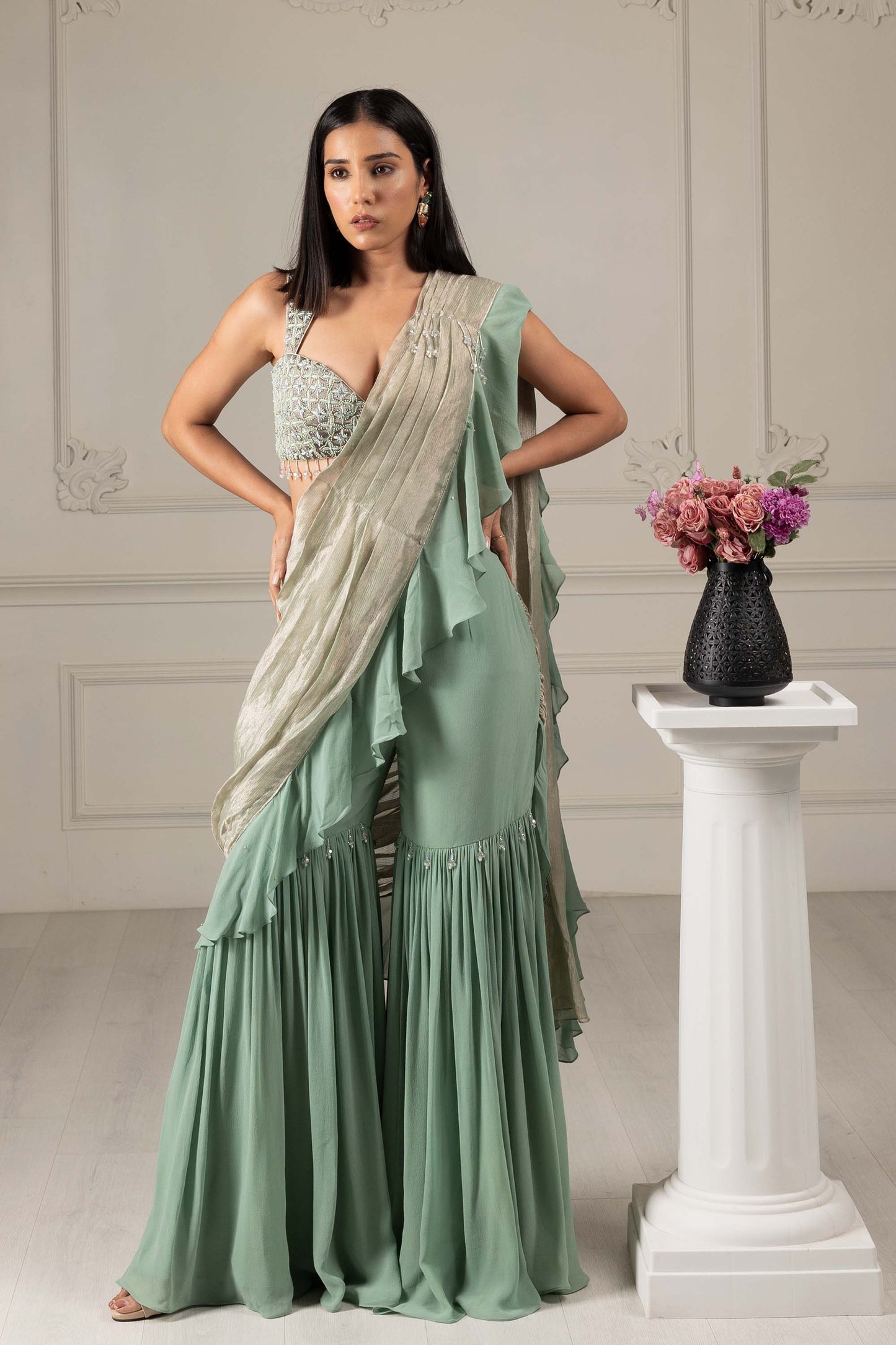 Royalty Tea Green Georgette Thread & Pearl Mehendi Drape Saree