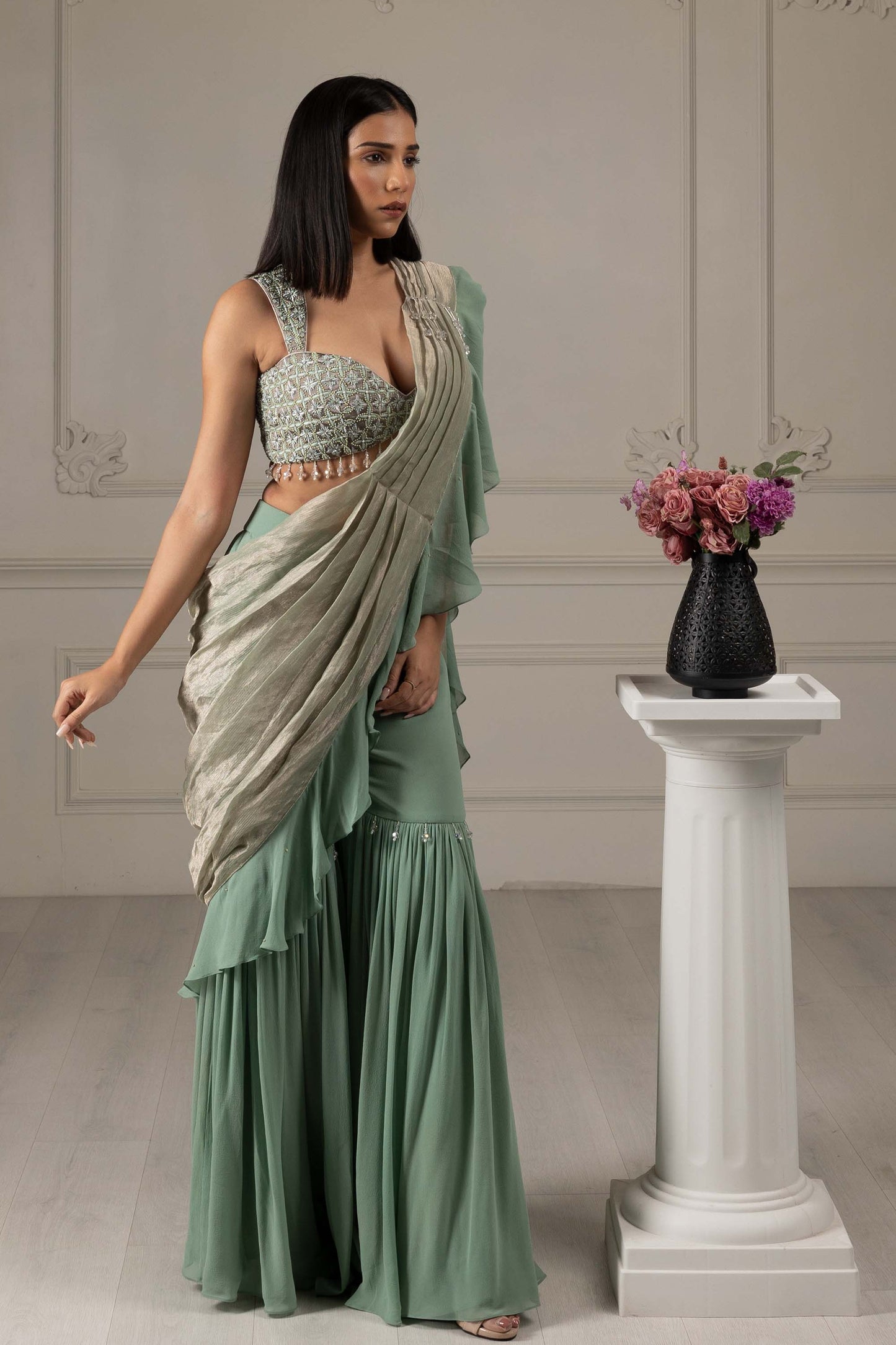 Royalty Tea Green Georgette Thread & Pearl Mehendi Drape Saree